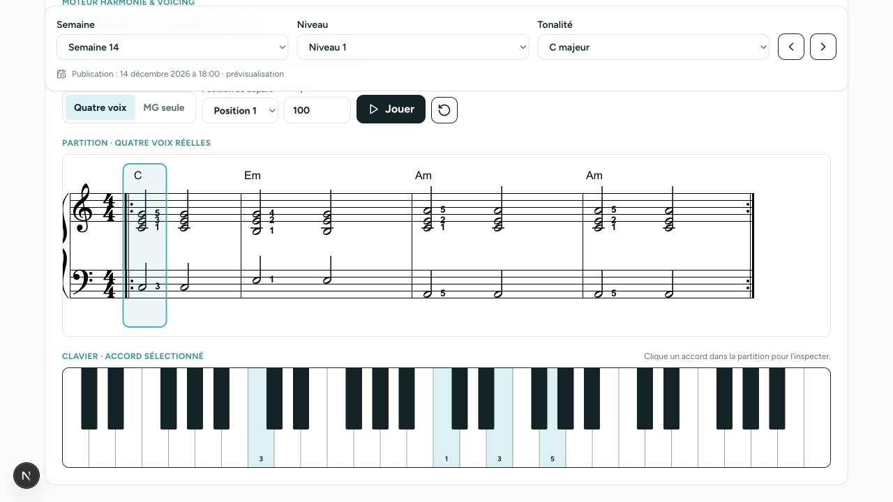 Capture réelle de l'application Harmonie & Voicing, semaine 14, niveau 1, avec partition et clavier